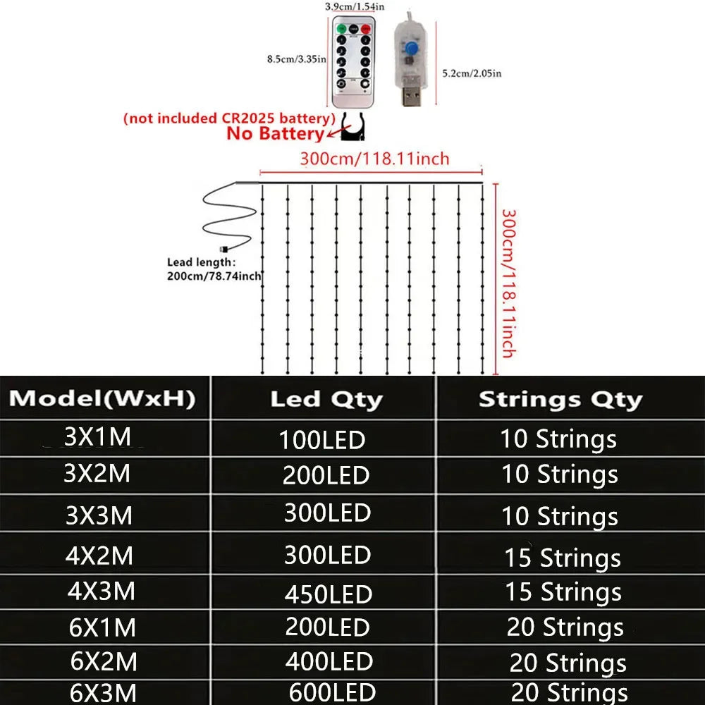 USB Curtain String Lights 8 Modes Fairy Light Christmas Halloween Garland Holiday Led Light Wedding Party Home Bedroom Decor